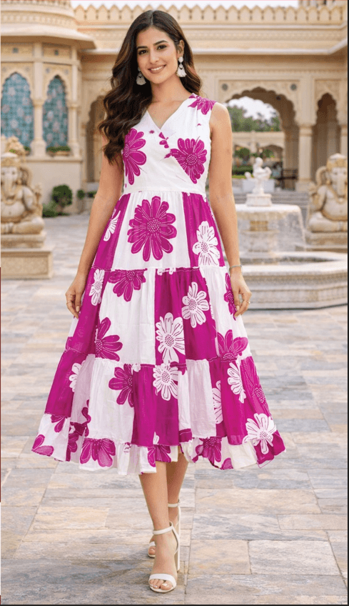 Floral Print Pink Tiered Dress
